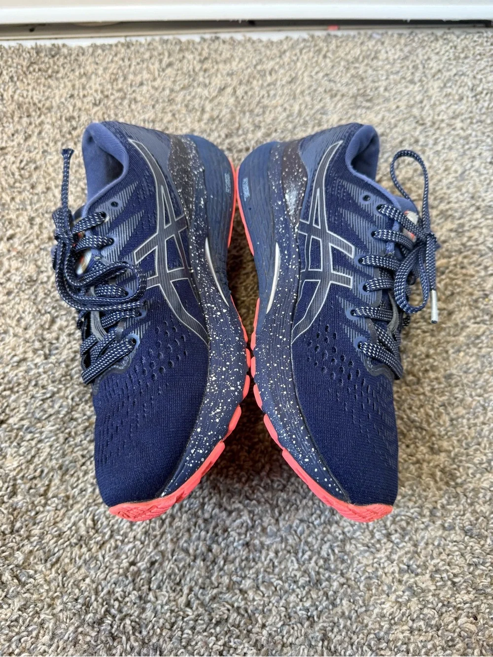 Asics size 6.5 Navy Running Shoes with Coral Accents